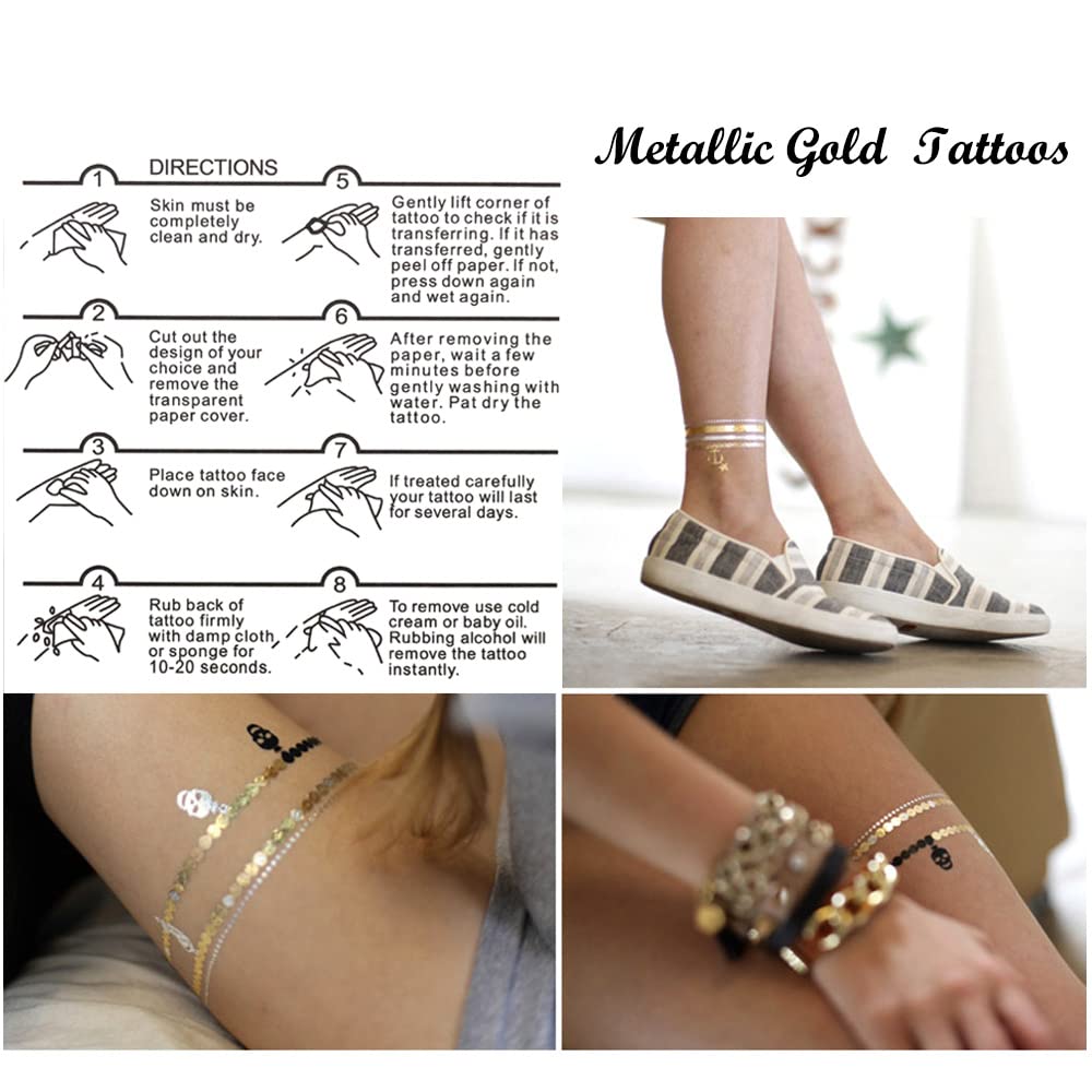 Muulaii 8 Sheets Gold Tattoos Temporary, Long Lasting Metallic Tattoos