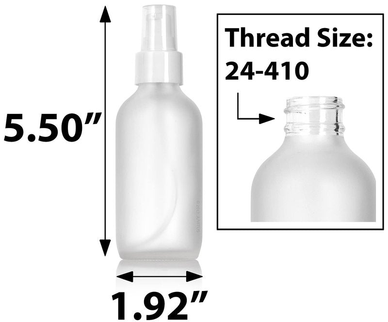 JUVITUS 4 oz / 120 ml Frosted Clear Glass Boston Round Bottle with White Treatment Pump BPA Free Refillable Empty Storage Containers (12 Pack) + Travel Foamer