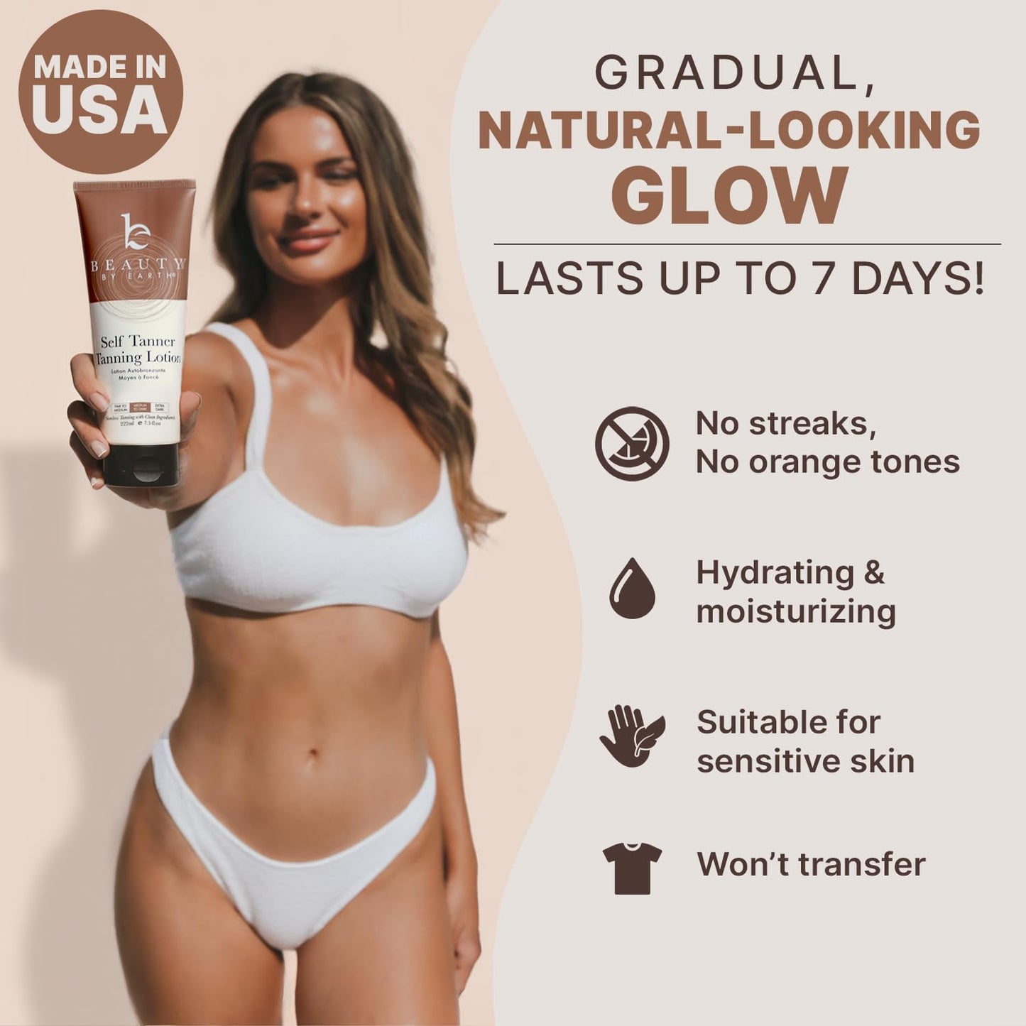 Beauty by Earth Self Tanner - USA Made with Natural & Organic Ingredients, Moisturizing Self Tanning Lotion with Aloe Vera & Coconut for a Natural Glow, Streak-Free Fake Tan (Medium)
