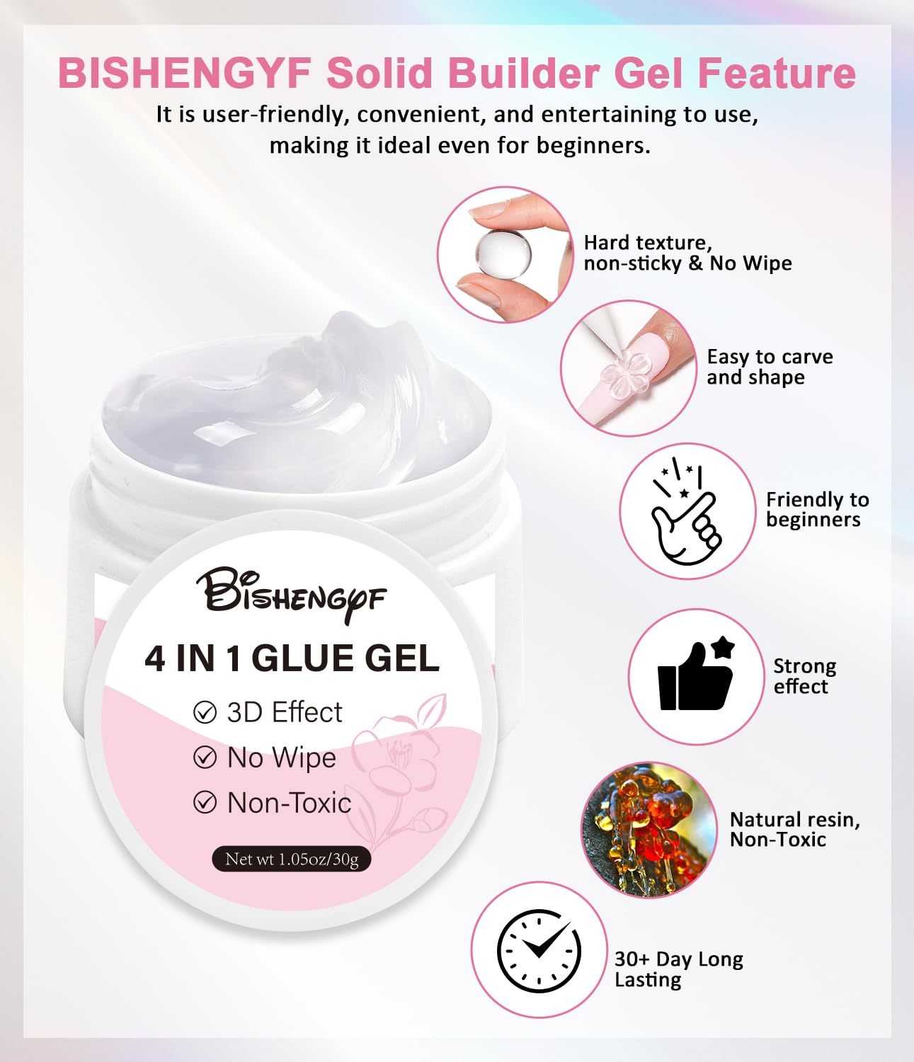 Solid Builder Gel and Chrome Nail Powder Kit BISHENGYF: 4 In 1 No Wipe 3d Sculpting Nail Gel Gold Aurora White Pearl Chrome Nail Powder Clear Non-Sticky Hand Extension Glue for Nail Decoration 30g