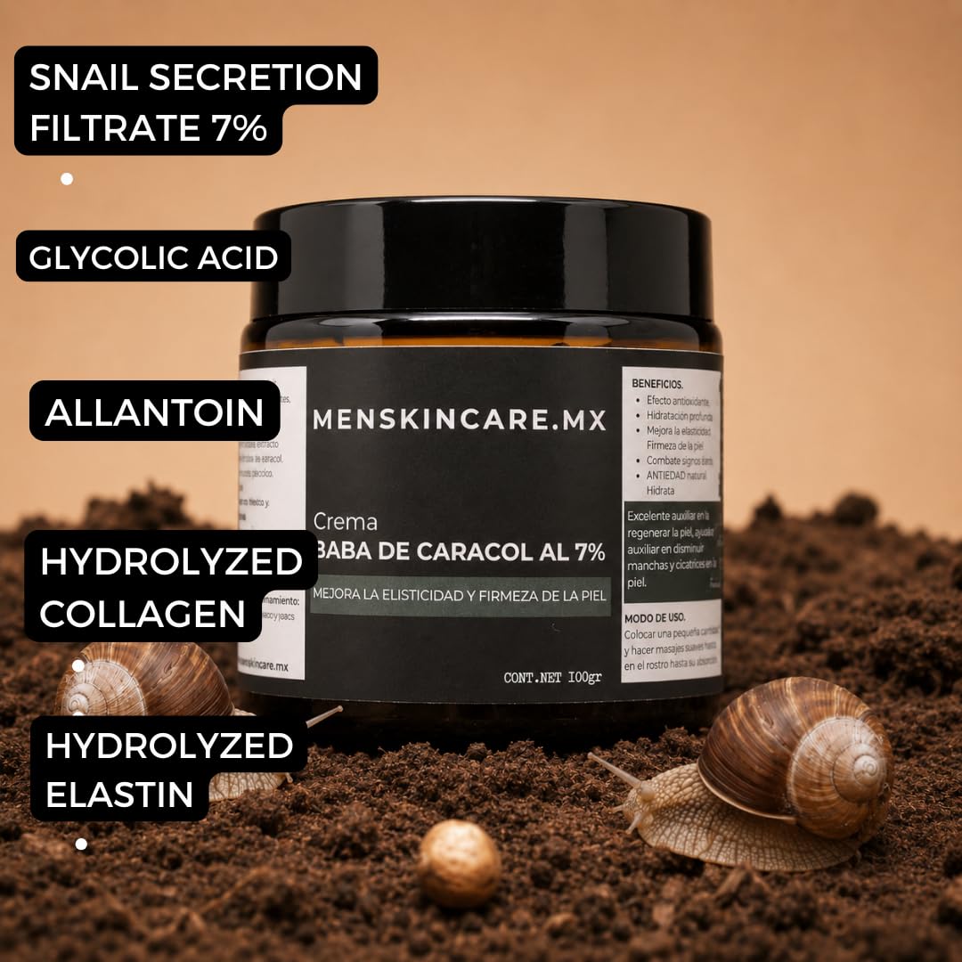 100g Snail Slime Cream for Men; regenerates damaged skin, fades blemishes, improves skin elasticity and firmness by stimulating cell renewal with 7% protein extract.