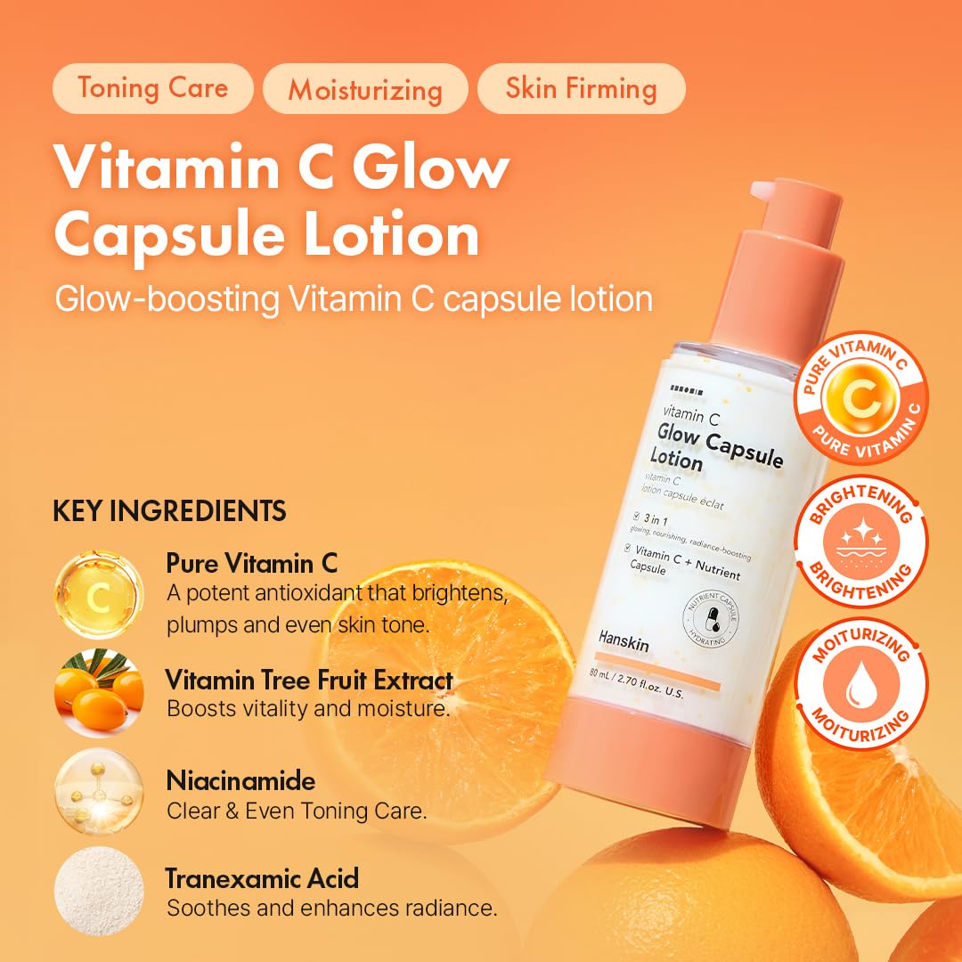Hanskin Vitamin C Glow Capsule Lotion – Korean Lightweight Brightening Face Moisturizer for Radiant, Glowing, Even-Toned Skin | Niacinamide & Vitamin C Capsules | Skin-Boosting Skincare | 2.7 fl oz