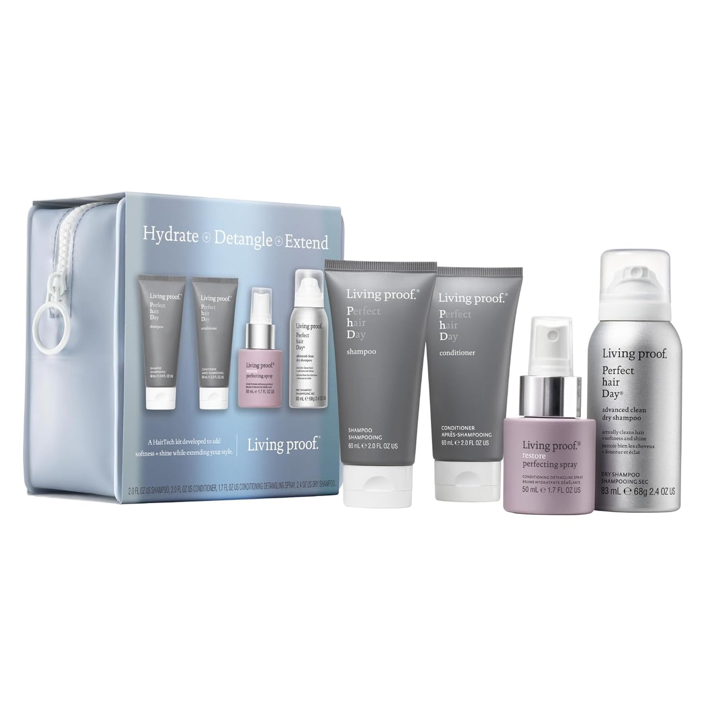 Living Proof Hydrate + Detangle Kit | Travel Size Hair Care Set - Shampoo, Conditioner & Spray
