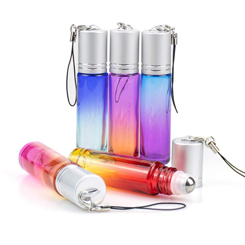 Foraineam 24 Pack 10ml Gradient Color Glass Essential Oil Bottles with Stainless Steel Roller Ball and Silver Hanging Lid