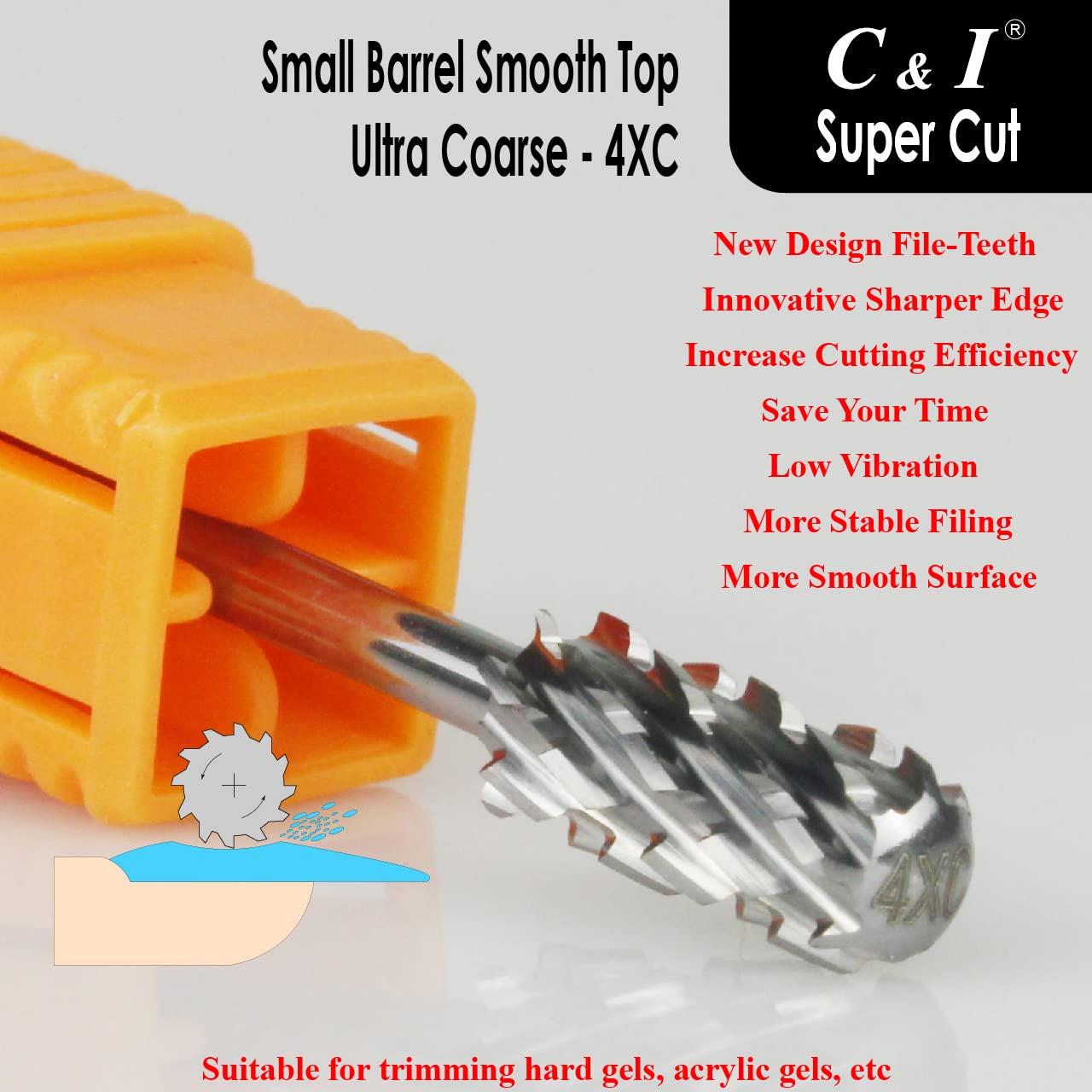 C & I Nail Drill Bit Super Cut Edition –Upgrade File Teeth, Small Barrel Smooth Top, E-File for Electric Manicure Drill Machine, Quick to Remove Super-Hard Nail Gels (Ultra Coarse -4XC)