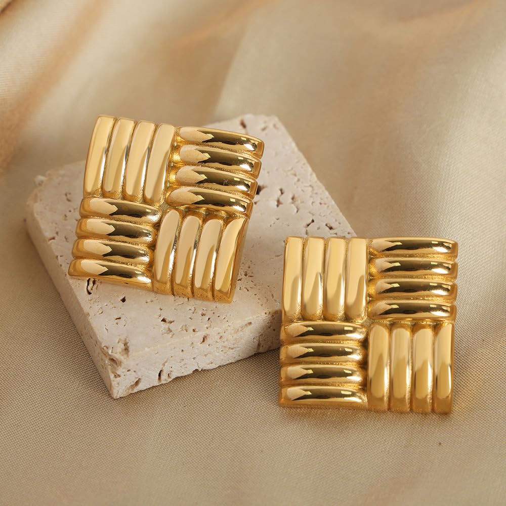 JeanBeau Chunky Large Square Stud Earrings for Women, Trendy Statement Geometric Rectangle Textured Lightweight Hypoallergenic Earing Prom Fashion Jewelry Gift