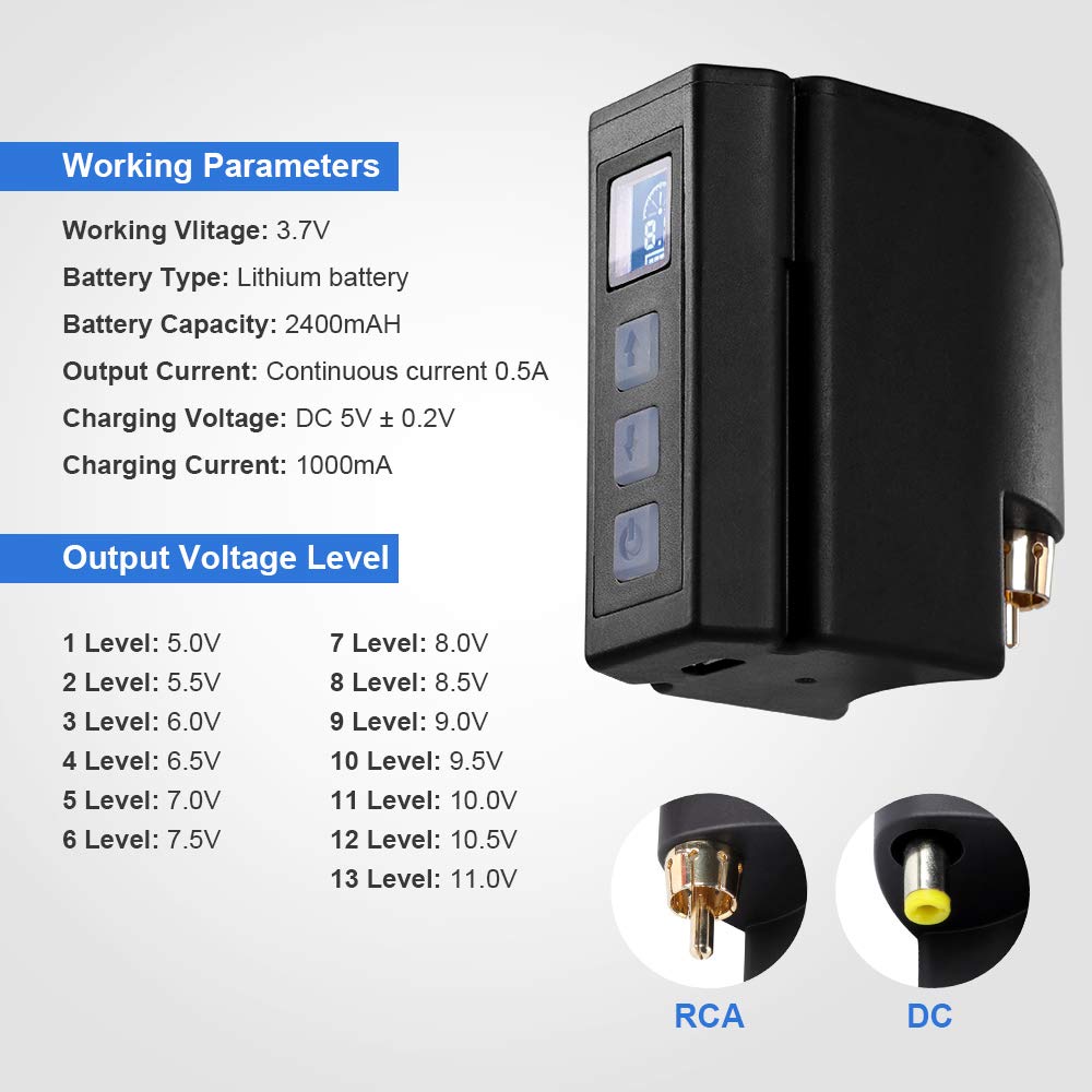 Mini Tattoo Battery - Rechargeable USB Power Supply with Digital Display | RCA Connector P198-RCA