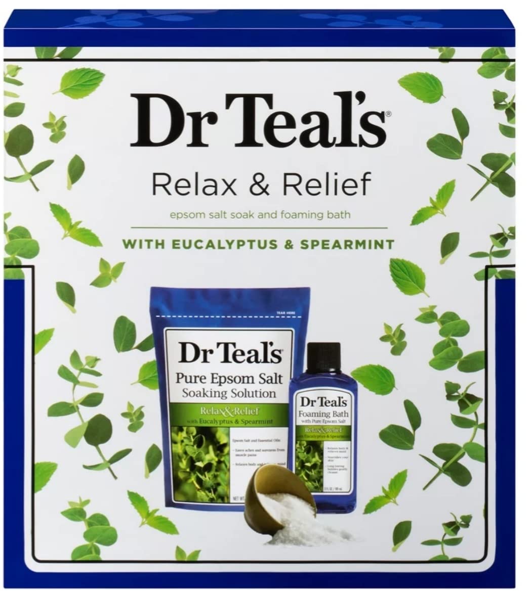 Dr Teal's Eucalyptus Epsom Salt & Foaming Bath Oil Sampler Gift Set - Give The Gift of Rejuvenation & Self Care! - 14 oz Bag of Eucalyptus Bath Salts & 3 oz Bottle of Eucalyptus Foaming Bath Oil