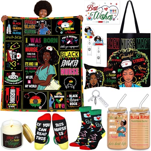 Quelay 10 Pcs Black Nurse Gifts Set for Women African Nurses Christmas Appreciation Gift 16 oz Glass Cup Blanket Cosmetic Bag Tote Bag Socks Candle Badge Reels Keychain for Retirement Work Accessories