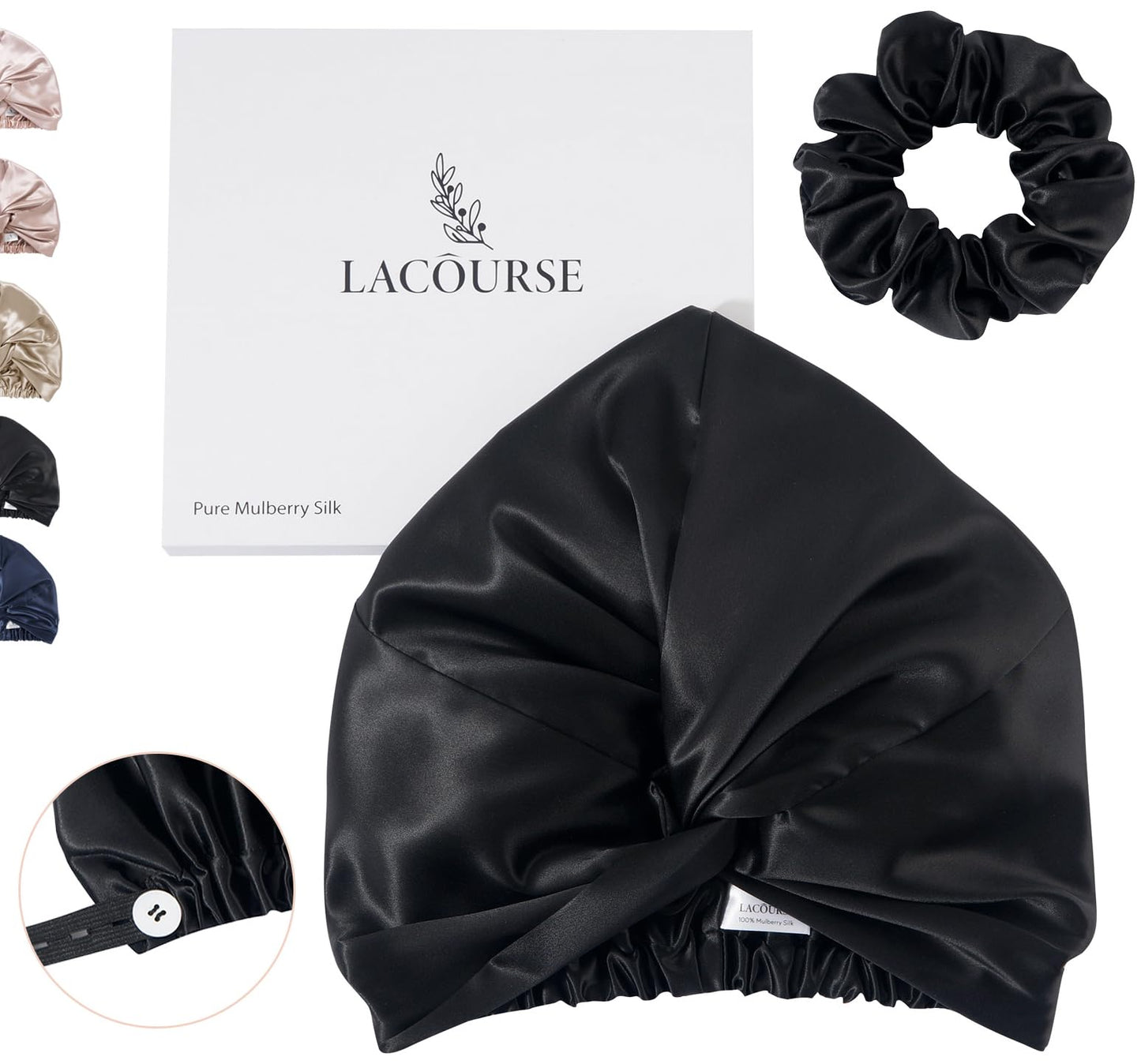 LaCourse Anti-Slip Adjustable Real 22 Momme 100% Mulberry Silk Bonnet with Scrunchie for Sleeping Women, Double-Layered Silk Hair Bonnet for Curly Hair, One Size (21-24 inch Head Size), Taupe