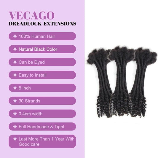 Vecago 8 inch 30 Strands Loc Extensions Human Hair Curly Ends, 0.4cm Width Soft Human Hair Dreadlock Extensions Shoulder Curly Dreads Locs Hair(1b)