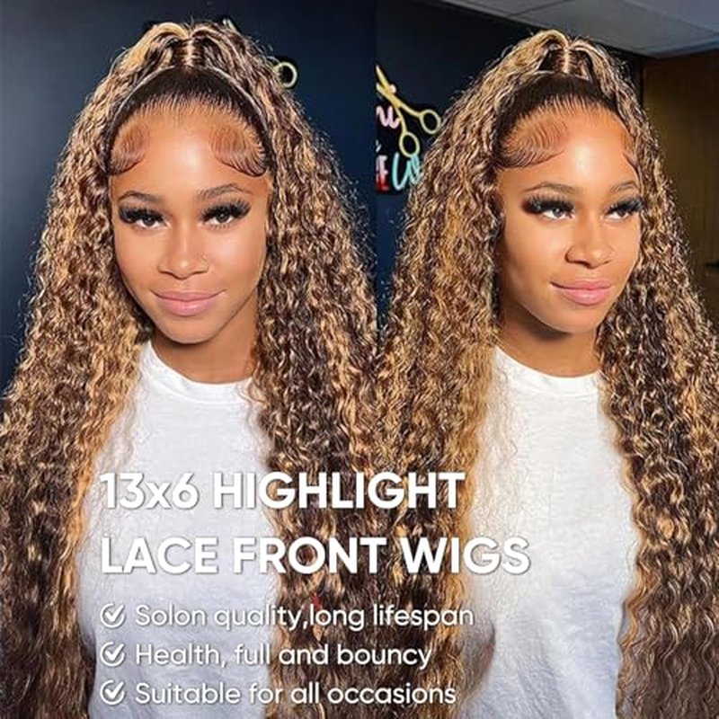 NOELLA Highlight 13x6 HD Lace Front Wigs Human Hair 20 Inch Honey Blonde Ombre Water Wave Lace Frontal Human Hair Wigs 210% Density Wet and Wavy Highlighted Curly Glueless Wig For Black Women