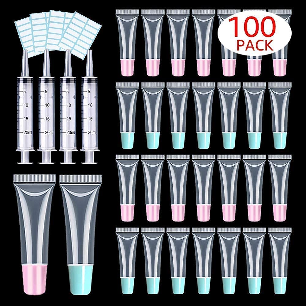 Lip Gloss Tubes - 100 Pack 10ml with Pink & Blue Caps | Perfect for DIY Projects