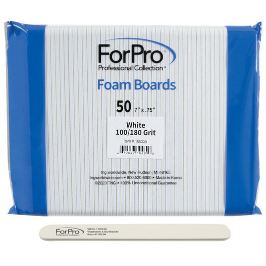 ForPro Professional Collection Nail Foam Boards, White, 100/180 Grit, Double-Sided Manicure and Pedicure Nail Files, 7” L x .75” W, 50-Count