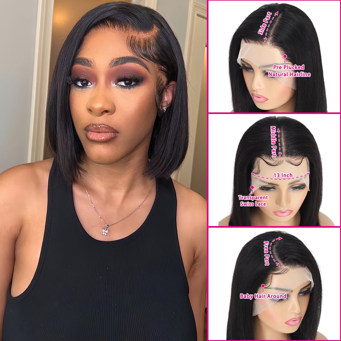 Straight Bob Wig Human Hair 13x4 Lace Front Wigs 200% Density Short Bob Wigs for Women HD Lace Front Wigs Human Hair Pre Plucked Short Wig Human Hair Natural Color 12inch