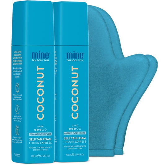 MineTan Coconut Duo Self Tan Bundle | Express 1 Hour - Includes 2 Coconut Sunless Tanner Mousses, Application Mitt, & Exfoliating Glove for Tan Removal & Prep