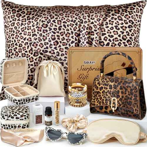 Golray Gifts for Teen Girls - 19Pcs Teenager Gifts Basket with Brown Leopard Satin Pillowcase/Handbag, Christmas Birthday Gift Set for Women Daughter Sister Niece Tween Girl Kid Toy Age 10 12-18+