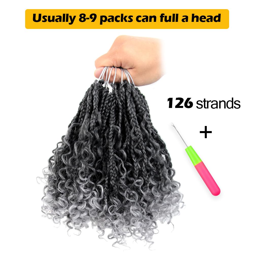 CISINPO 9 Packs Goddess Box Braids Crochet Hair 8 Inch Boho Box Braids with Curly Ends Synthetic Hair Extensions, TGrey/Ombre Gray