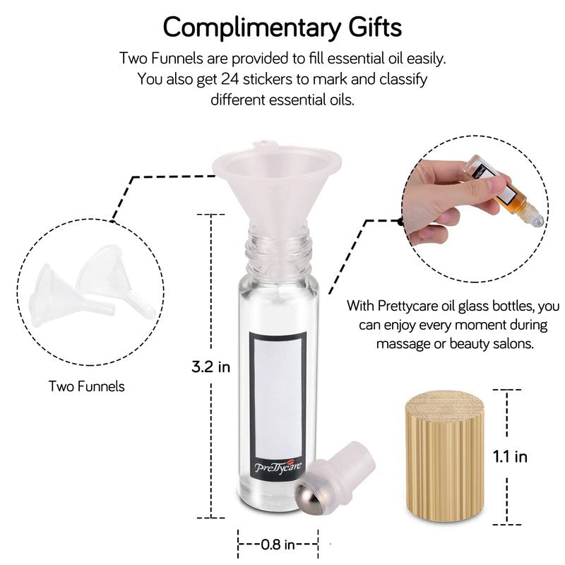 Essential Oil Roller Bottles - 10ml Clear Glass with Bamboo Lid | 24 Pack, Extra Accessories Included