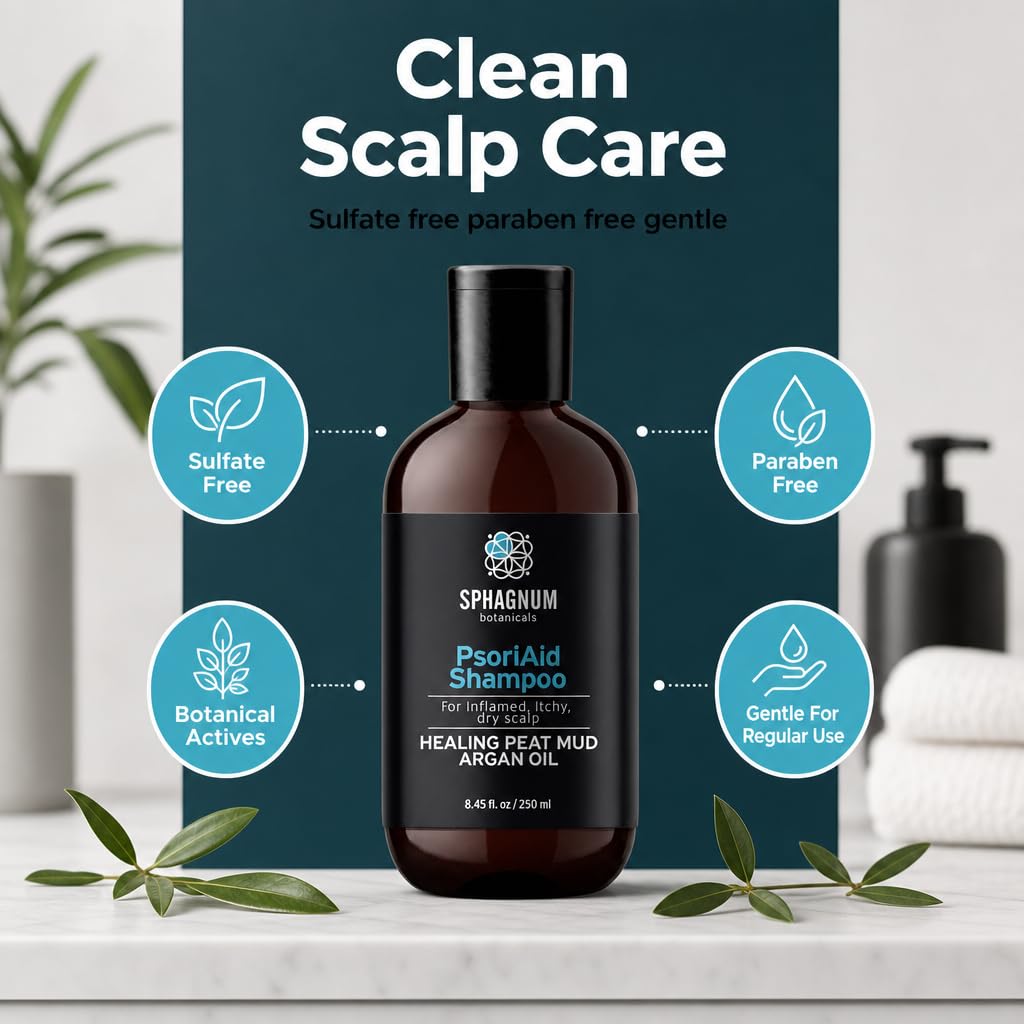 Sphagnum Botanicals Psoriasis Shampoo with Estonian Peat & Tea Tree Oil - Natural Relief for Itchy, Flaky Scalp, Eczema & Dermatitis - Sulfate Free, No Parabens - 8.45 Oz