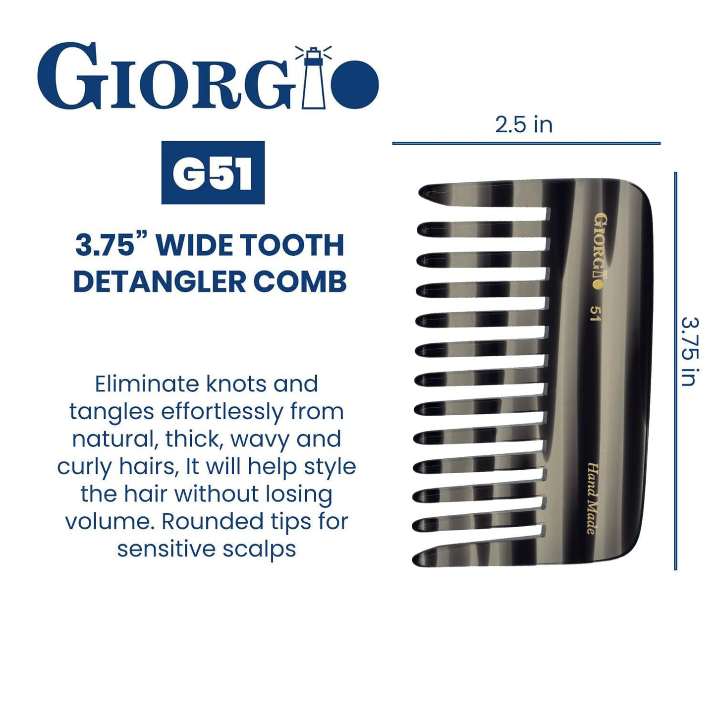Giorgio G51 Graphite Small Travel Purse Detangling Comb - Wide Teeth Pocket Comb for Thick, Curly and Wavy Hair, Wet or Dry Use, Handmade of Cellulose, Saw-Cut, Hand Polished