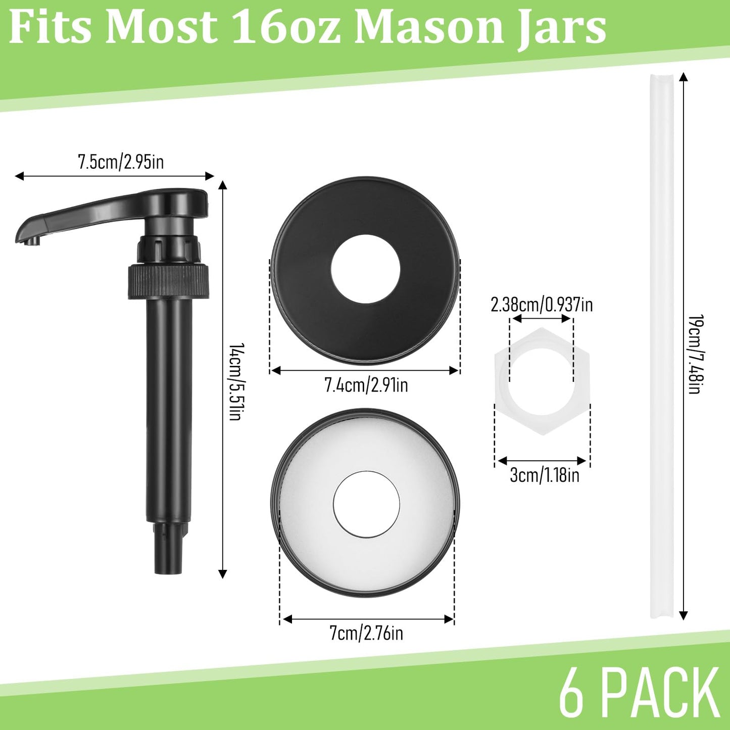 6 Packs Mason Jar Pump Lid for Regular Mouth Jars, Leak-Proof 2.8 Inch Mason Jar Soap Dispenser Pump Lid for Honey, Syrup, Liquid Condiments, Ketchup, Coffee and More