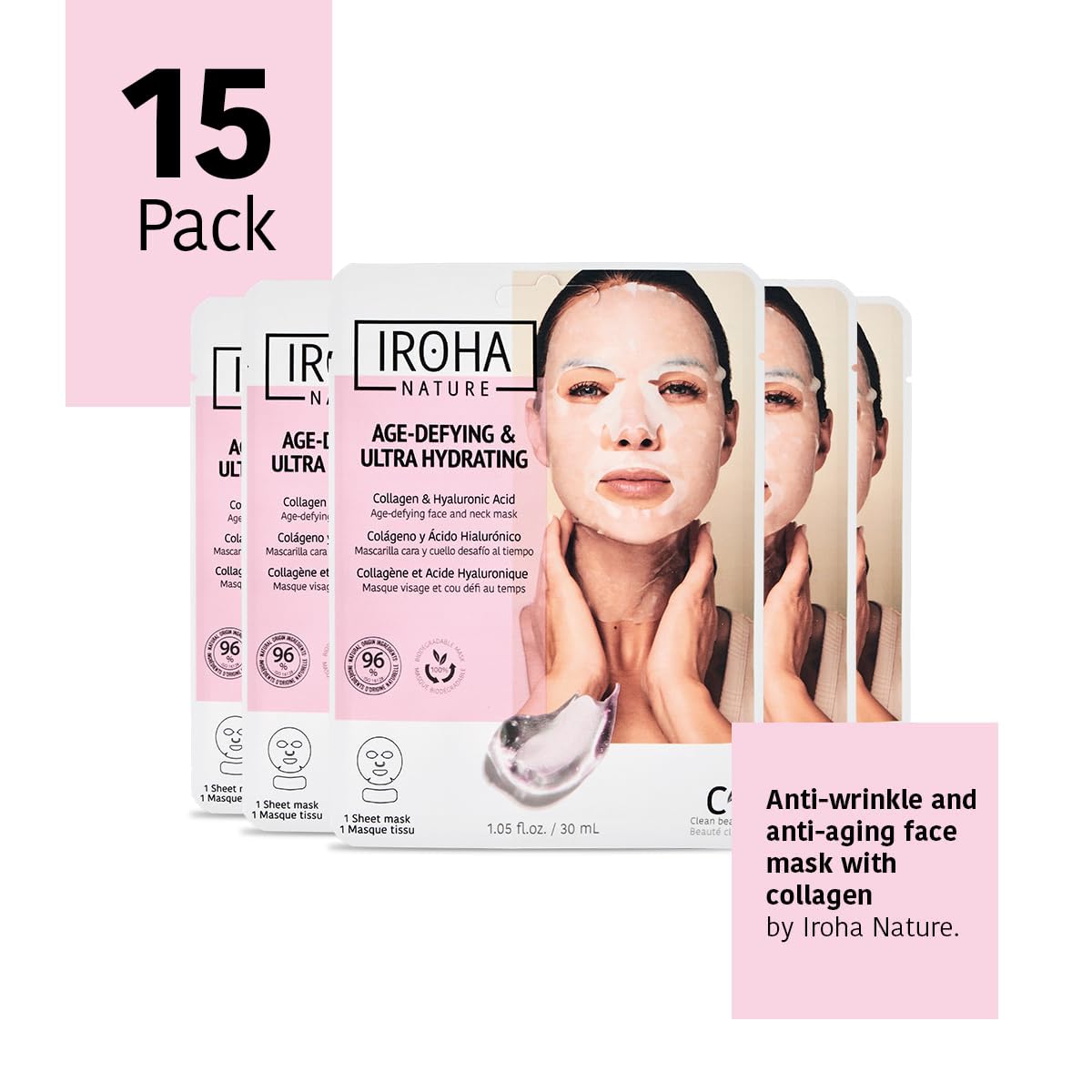 IROHA NATURE Anti-Aging Face & Neck Tissue Mask with Collagen (Pack of 15) | Firms and Prevents Wrinkles and Fine Lines | Visible Results in 15 Minutes | 96% Natural Ingredients | Mature Skin