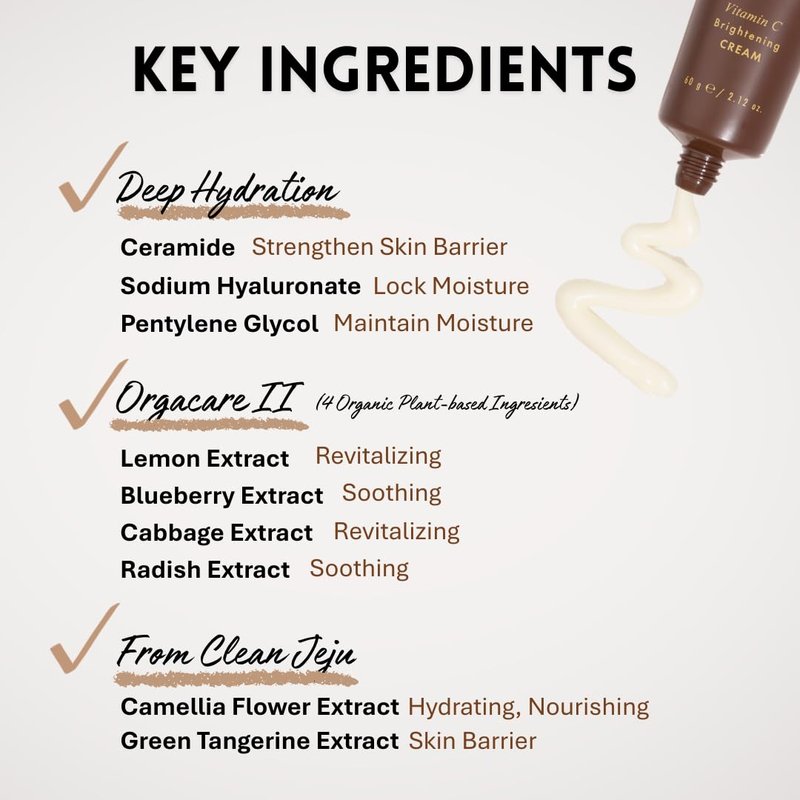SanDaWha SKINCURE Vitamin C Cream - Korean Skincare Vegan Face Moisturizer with 2% Ascorbyl Glucoside for Radiant Glow, Hydration & Anti-Aging Care, 2.03 oz.