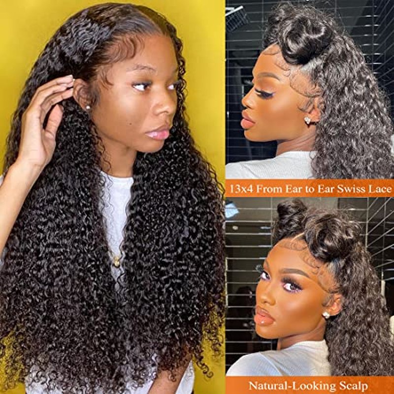 Kinky Curly 13x4 HD Lace Front Human Hair Wigs 180% Density Kinky Curly Glueless Wig 12A Brazilian Virgin Hair Pre Plucked With Baby Hair 20Inch Afro Kinky Curly Lace Frontal Wigs For Women