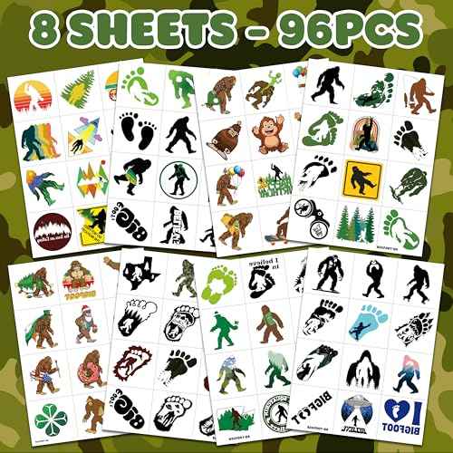 96 PCS Bigfoot Jungle Pre-Cut Temporary Tattoos for Kids Themed Birthday Party Decorations Favors Supplies Super Cute Monster Outdoor Tattoo Stickers Gifts for Boys Girls School Rewards Carnival