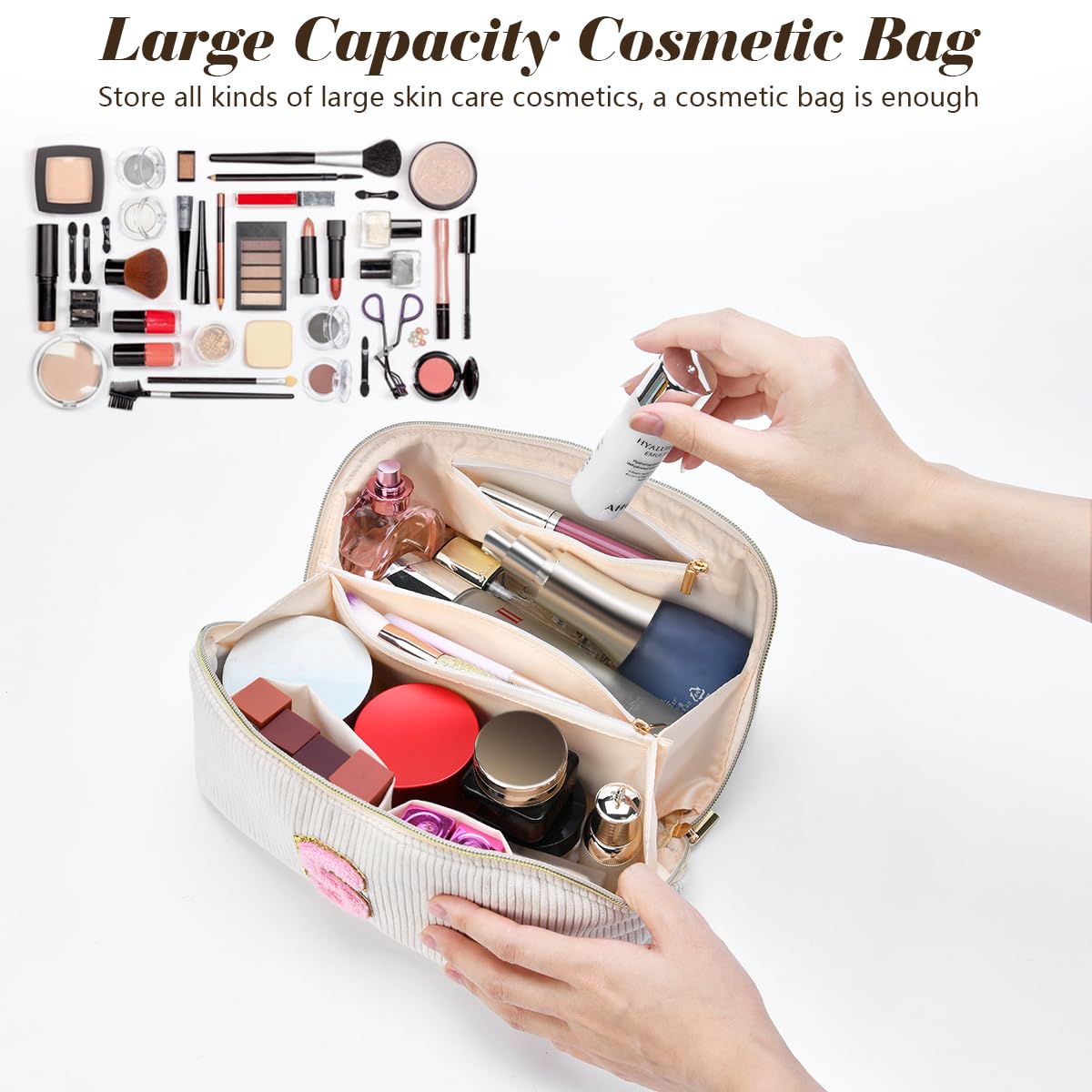 DTBG Personalized Initial Makeup Bag, Valentine's Day Gifts for Girls,Preppy Bag Cosmetic Travel Bag Women,Travel Toiletry Organizer,Large Capacity Corduroy Stuff Bag,Cute Cosmetic Pouch Skincare Bag