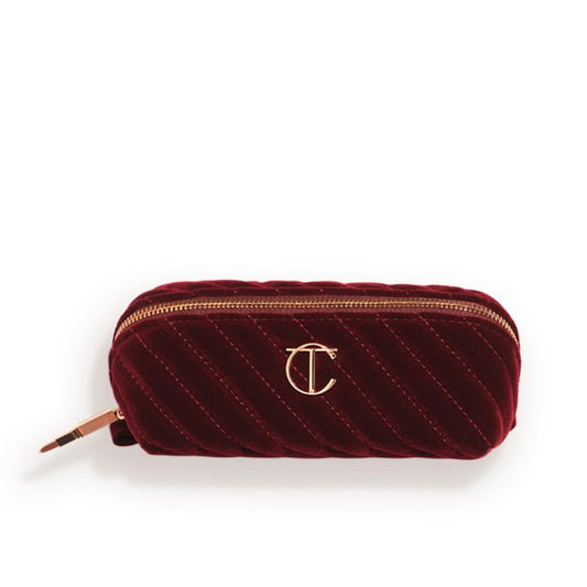 Charlotte Tilbury Mini Travel Makeup Bag of My Dreams - Quilted Velvet Skincare, Fragrance & Cosmetic Organizer with 2 Compartments & Zip Pocket - Iconic Night Crimson Toiletry Bag