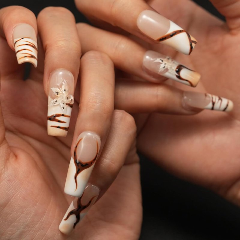 Handmade Press-On Nails - Long Square French False Nails with Charms | 3D Flower, Leopard & Star Designs, Size M