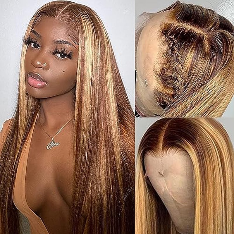 Highlight 13x4 Lace Front Wigs Human Hair Ombre 4/27 Colored Honey Blonde Lace Front Wigs Pre Plucked with Baby Hair 180% Density Straight Human Hair Lace Front Wigs For Women (26 Inch)