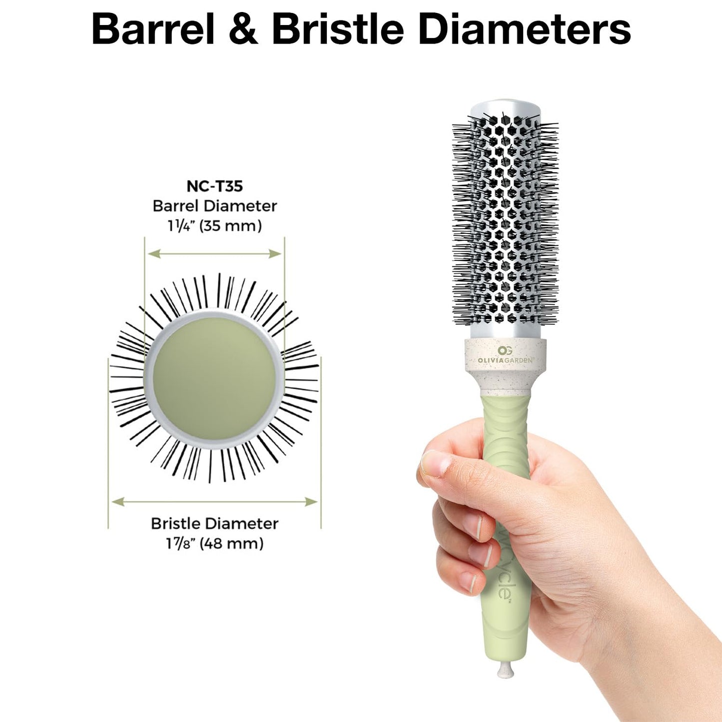 Olivia Garden NewCycle Round Thermal Hair Brush (not electrical) with ceramic barrel, ionic technology and made from 100% recycled material (except bristles)
