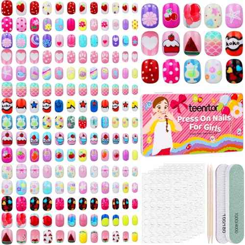 Teenitor 360 Pcs Kids Press On Nails, 15 Styles 12 Sizes Press On Nails for Kids Girls 8-15 Years, Fake Acrylic Kids Nails with Nail Adhesive Tabs, Nail File Nail Buffer