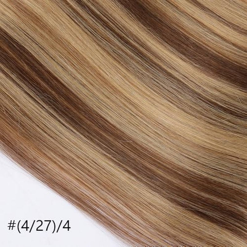 ORIGEN Clip in Hair Extensions Real Remy Human Hair Chocolate Brown to Caramel Blonde Highlights Straight Hair for Women 7pcs 120g 20 Inches