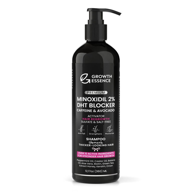Minoxidil 2% Shampoo for Women – Growth Essence Premium, Hair Regrowth Shampoo with Biotin, Caffeine & DHT Blockers – Strengthening Formula with Keratin, Castor Oil, Green Tea & Rosemary