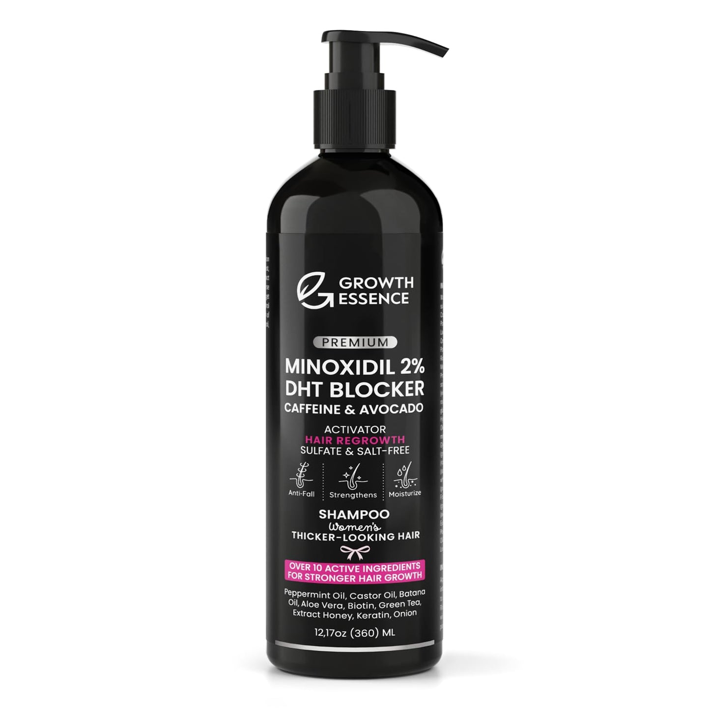 Minoxidil 2% Shampoo for Women – Growth Essence Premium, Hair Regrowth Shampoo with Biotin, Caffeine & DHT Blockers – Strengthening Formula with Keratin, Castor Oil, Green Tea & Rosemary
