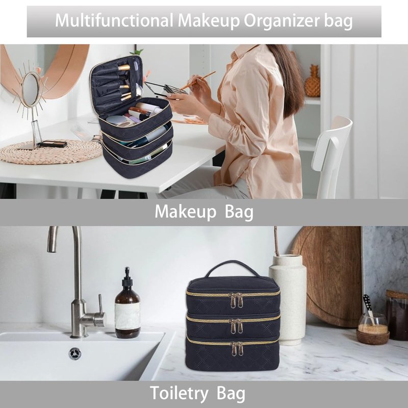 LANDFOBO Large Makeup Bag 3 Layers with Handle Travel Makeup Bag Organizer Toiletry Accessories Bottles, Brushes, and Skin Care Products (Blakc)