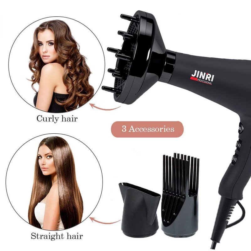 JINRI Ionic Hair Dryer with Diffuser & Comb and Concentrator, Lightweight Quiet Infrared Blow Dryer, Powerful 1875 Watt Motor for Smooth and Fast Drying Hair, Black