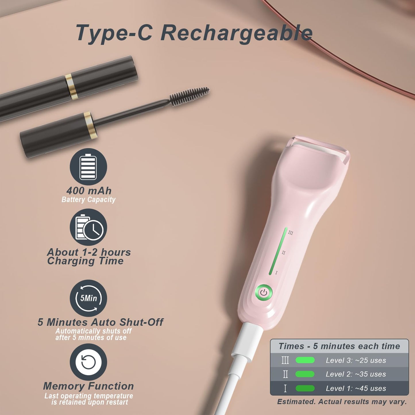 Heated Eyelash Curler for Women, Type-C Rechargeable with 3 Temp Settings & Silicone Pad for Natural C Curl, Travel-Friendly Heated Lash Curler (Pink)