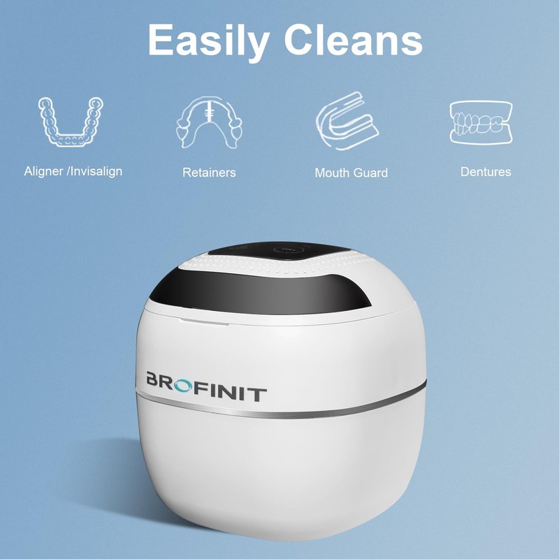 Brofinit Ultrasonic Retainer Cleaner Machine,45Khz/25W Retainer Cleaner Machine with Digital Timer,Blue Light & Drying For Dentures Aligners Braces Mouth Guards Night guard