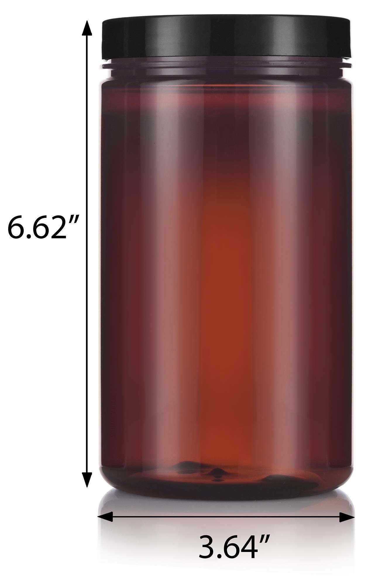JUVITUS 32 oz Large Amber PET Plastic (BPA Free) Refillable Empty Jar with Black Smooth Foam Lined Lid (6 pack)