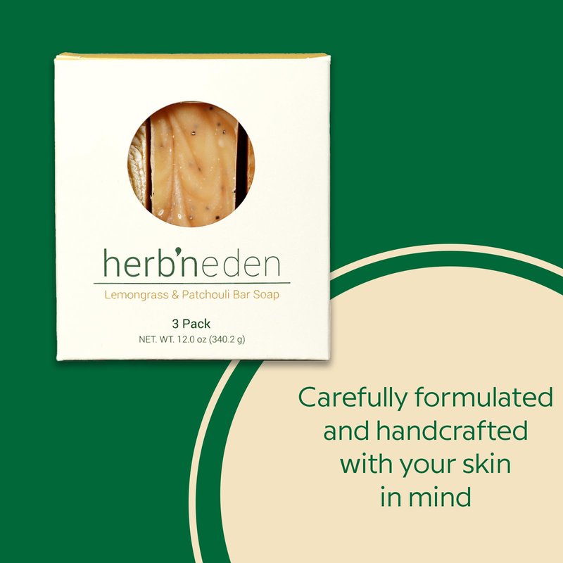 Herb’N Eden - Lemongrass & Patchouli Bar Soap - Moisturizing Face & Body Soap - For Acne, Eczema, Dry & Cracked Skin - Natural Plant-Based Ingredients & Essential Oils - Handmade in USA - 3 Pack