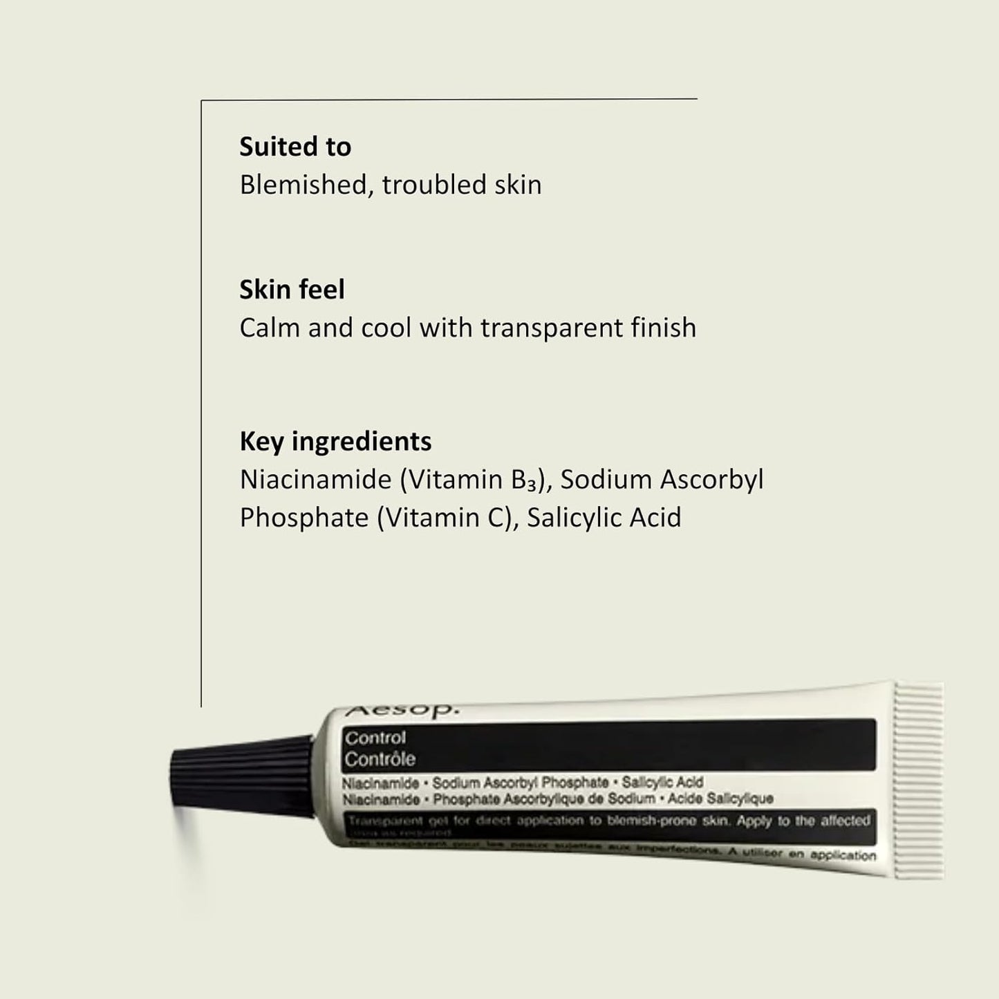 Aesop Control | Targeted Blemish Treatment Gel with Niacinamide & Salicylic Acid | Fast-Acting, Non-Drying Formula | 0.3 oz