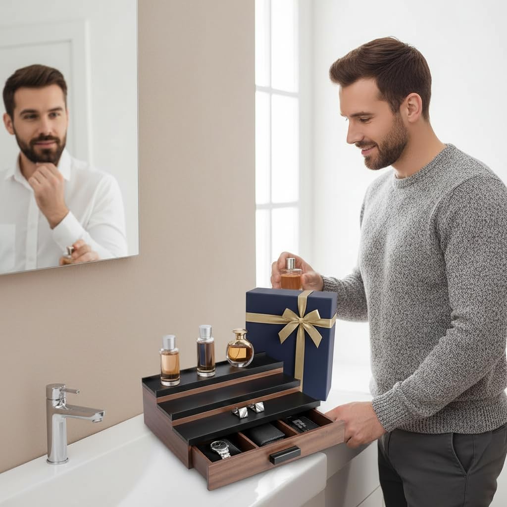Cologne Organizer for Men – Black Wood Cologne Stand with Drawer & Storage, 3 Tier Perfume Display Holder for Bedroom, Office, Bathroom – Ideal Gift for Men, Father, Husband