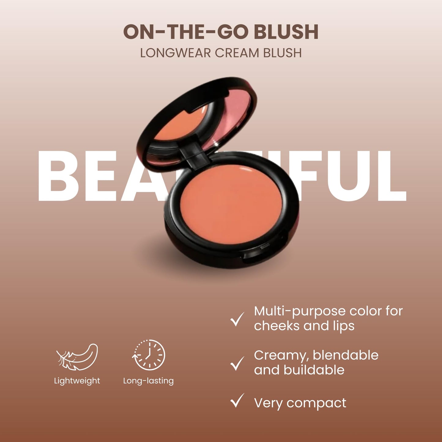 POISE Makeup HD Crème Lip and Cheek Compact | High Pigment Cheek Blusher and Lipstick in One Hydrating for Skin Infused w/Shea Butter, BEAUTIFUL