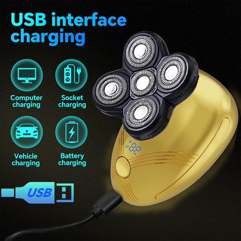 5-in-1 Electric Cordless Razor for Men | Bald Head Shaver Grooming Kit with Nose Trimmer & LED Display - Gold