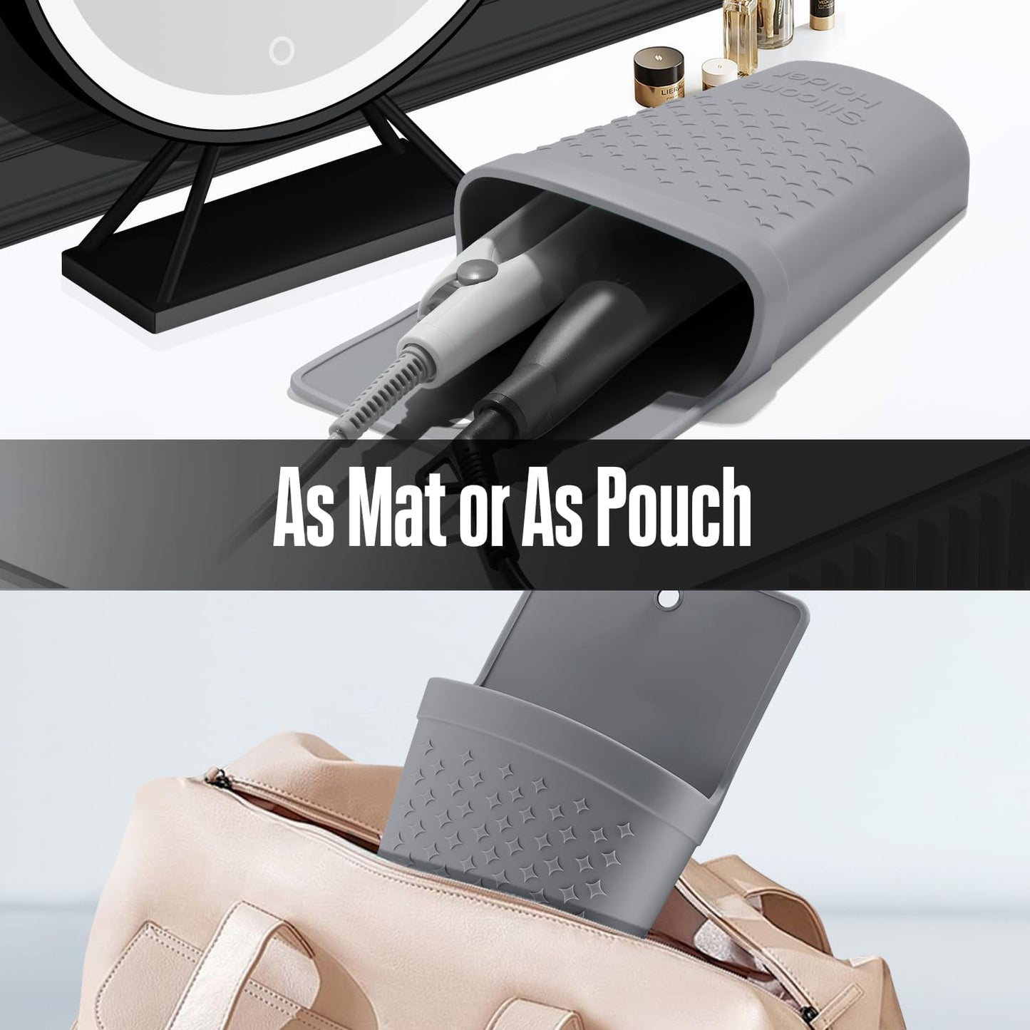 Heat Resistant Silicone Hair Iron Mat - Portable Travel Pouch for Styling Tools | 2 Pack (Gray)